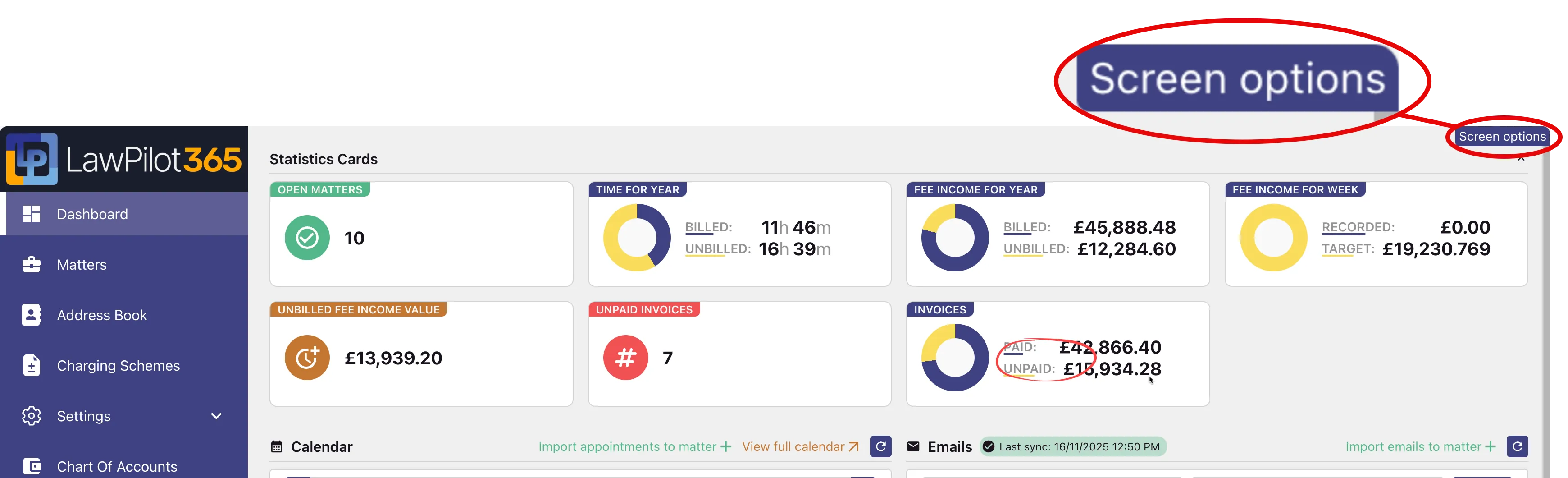 Dashboard Screen Options